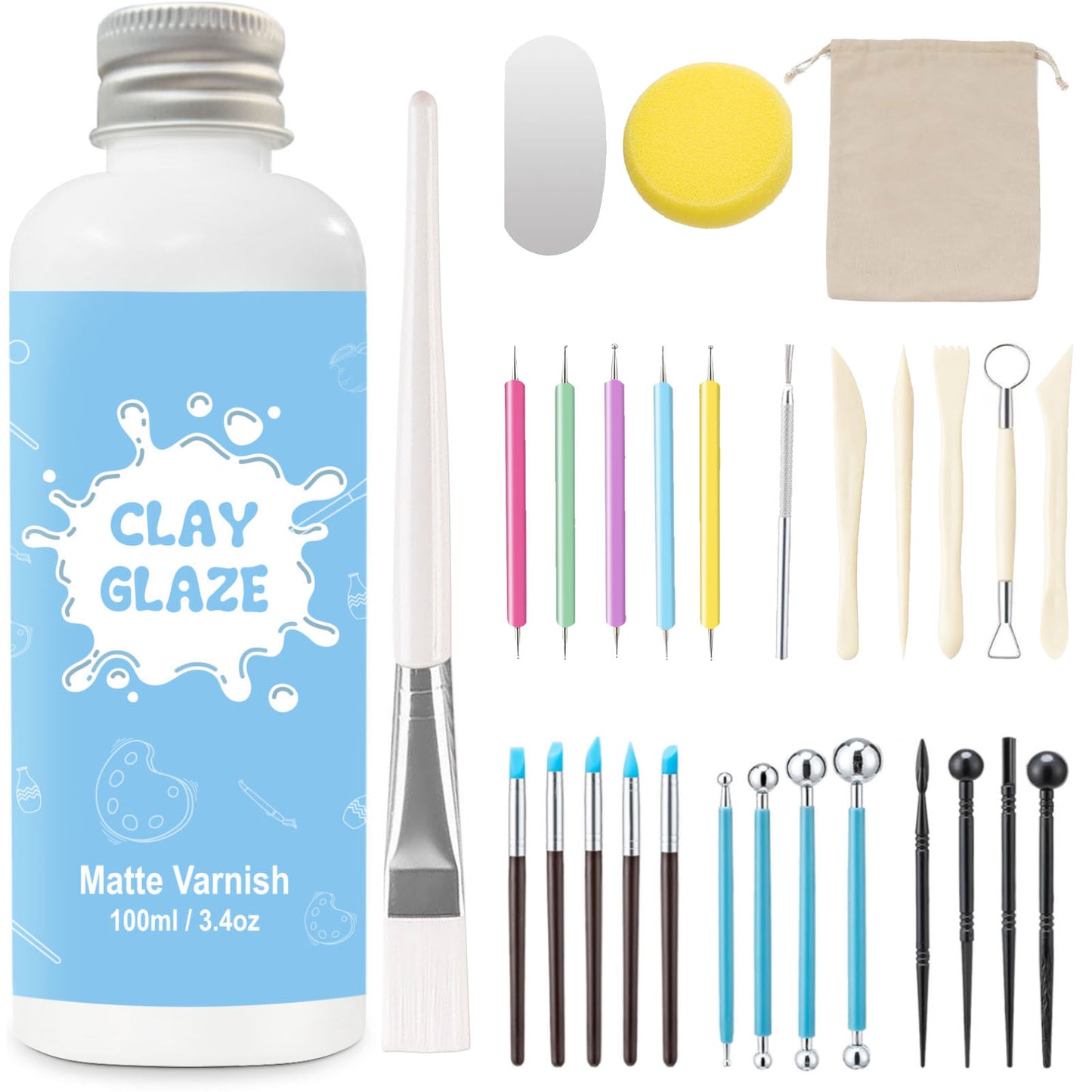 100ml Air Dry Clay Glaze and 29pcs Clay tools kit