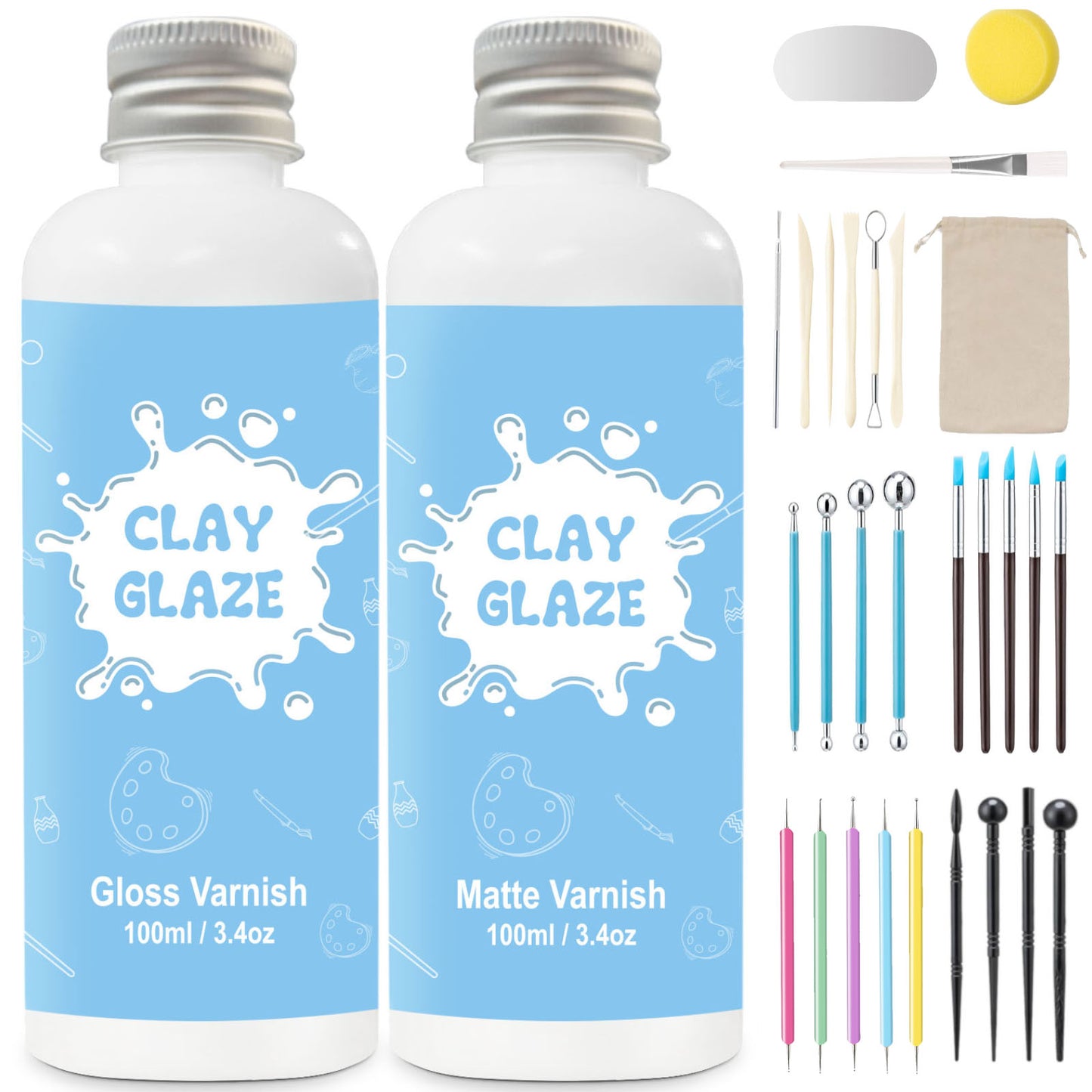 100ml Air Dry Clay Glaze and 29pcs Clay tools kit