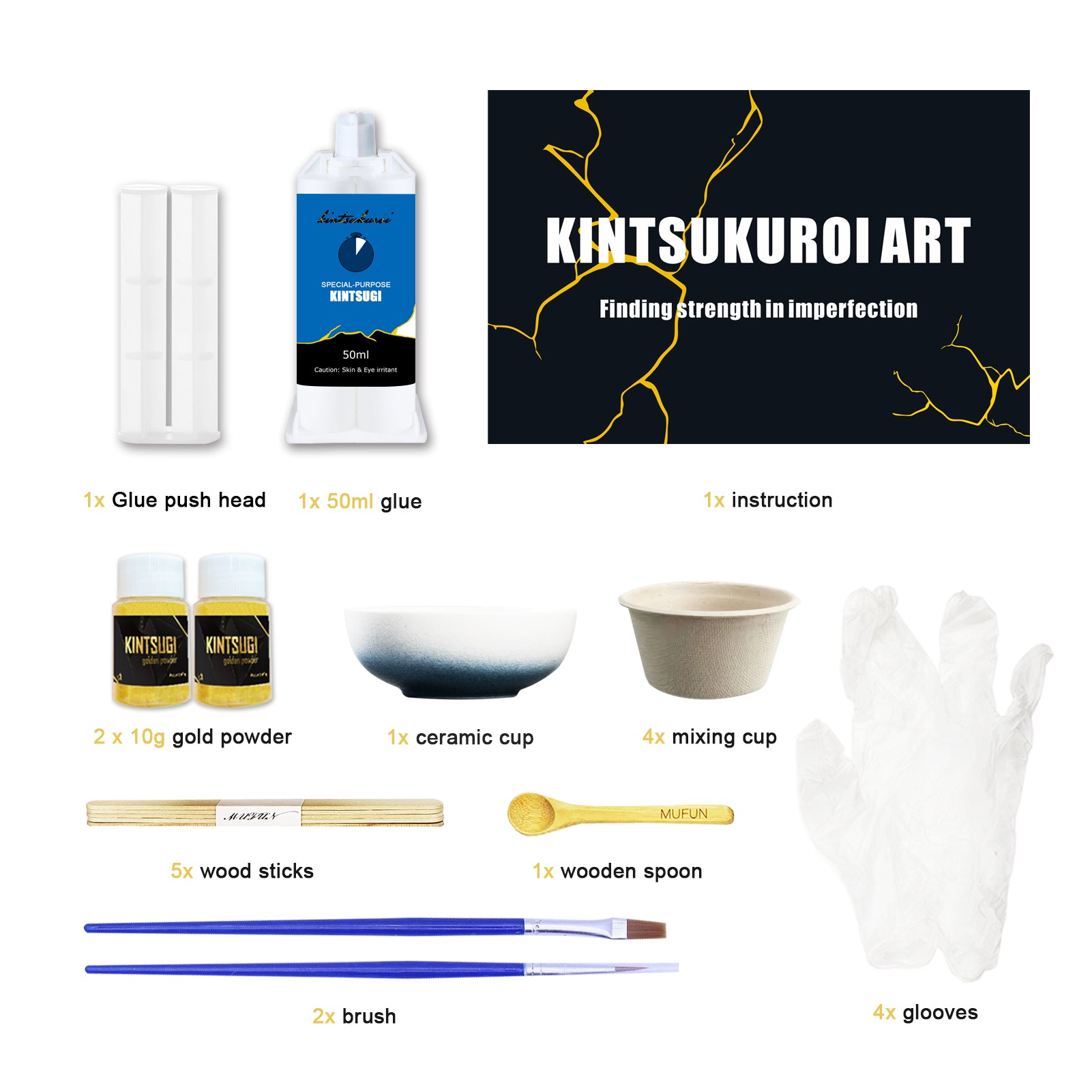 MUFUN Kintsugi Repair Kit Repair Your Meaningful Pottery with Gold Powder Glue - Comes with Two Practice Ceramic Cups for Starter