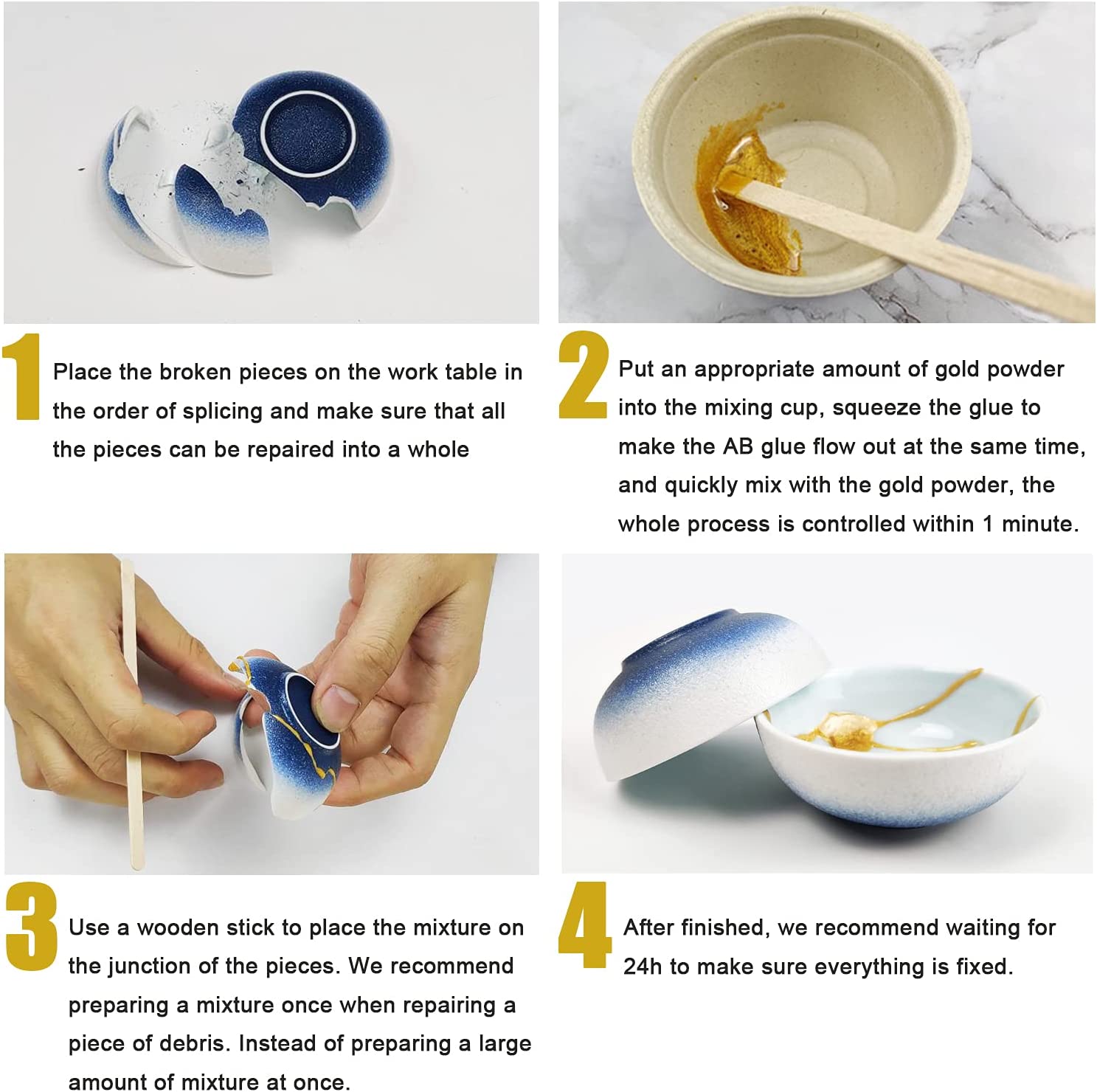 MUFUN Kintsugi Repair Kit Repair Your Meaningful Pottery with Gold Powder Glue - Comes with Two Practice Ceramic Cups for Starter